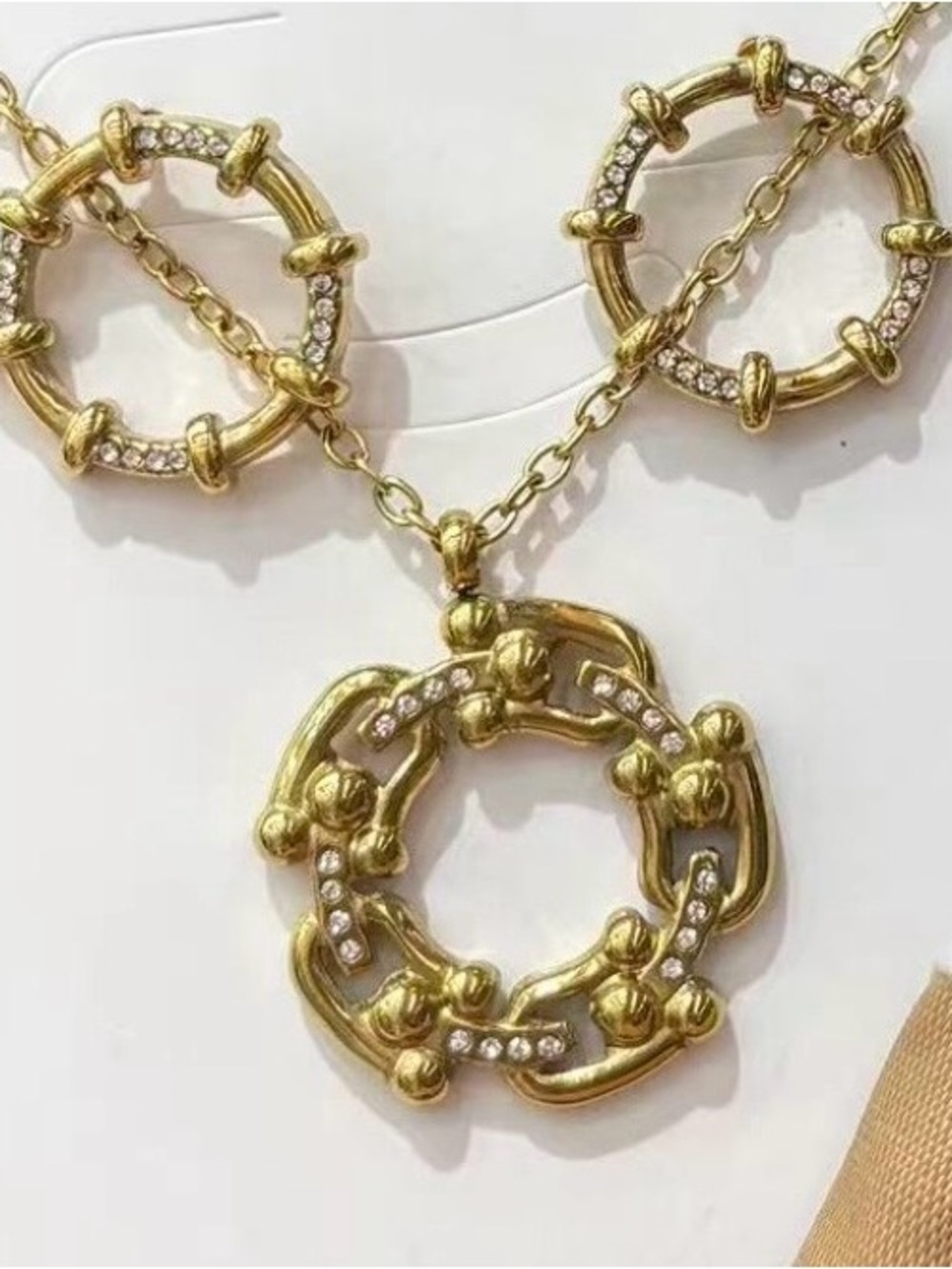 Gold Statement Circle Pendant Necklace with Crystal Accents